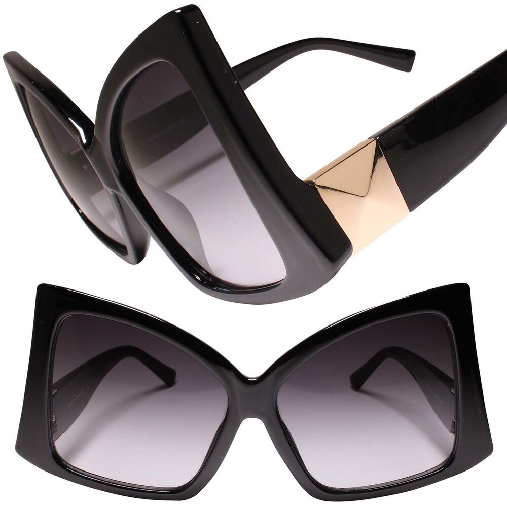 Women Oversize Square High Pointed Down Temple Fashion Black Sunglasses